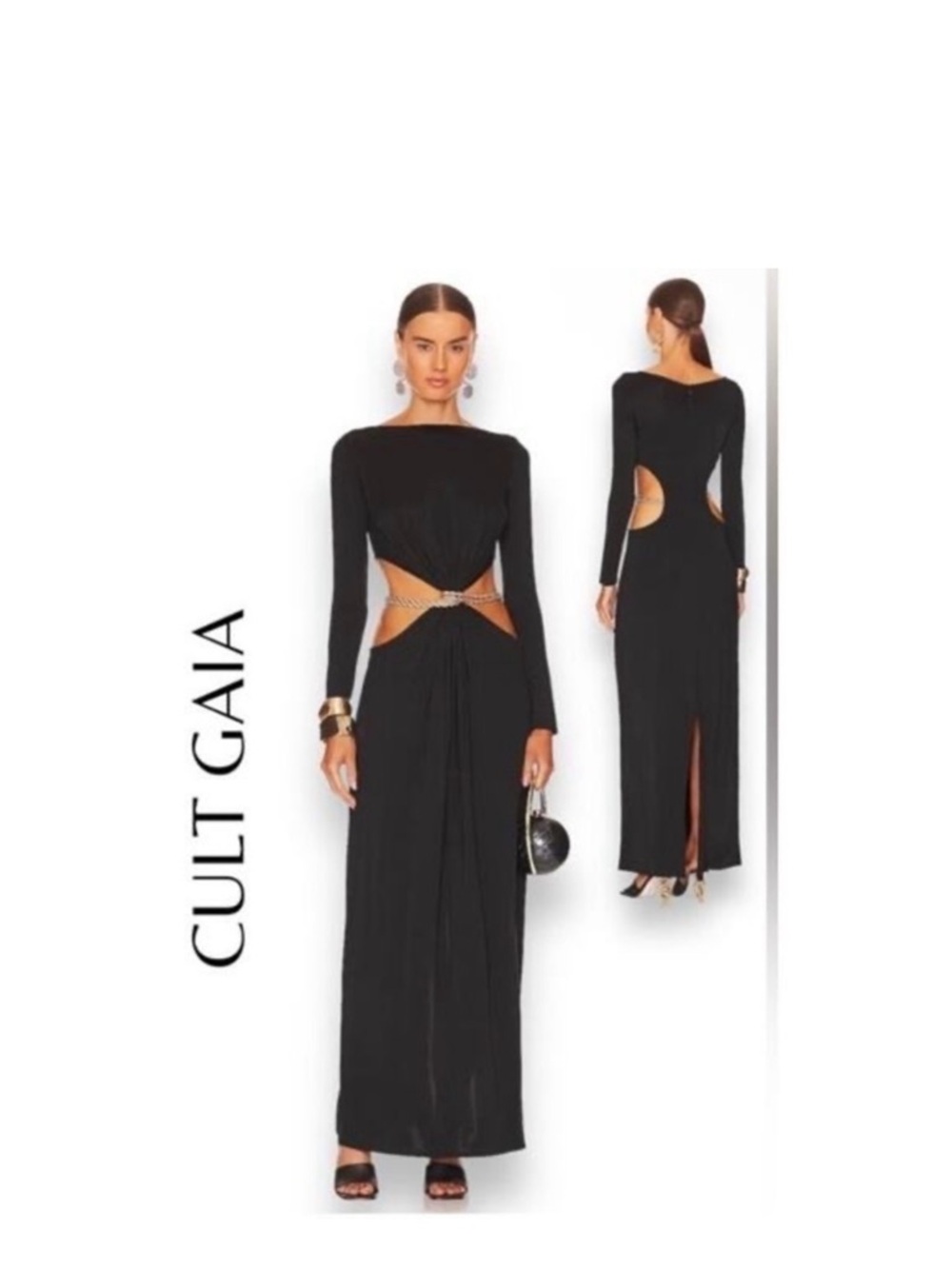 cult gaia Black Long Sleeve Cutout Maxi Dress with Jeweled Waist